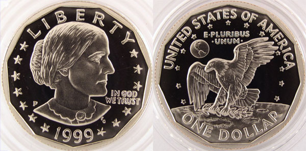No 9932 Susan B Anthony One Dollar Coin 1999-P In a Protective 2x2